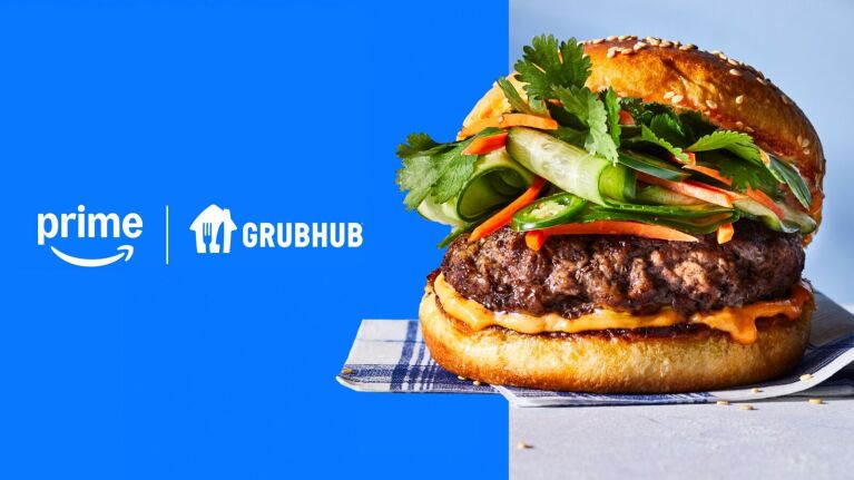 Text reading Prime and Grubhub and an image of a hamburger