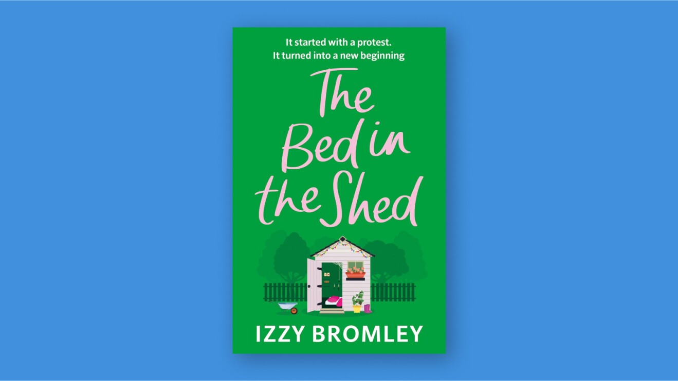 Book cover for The Bed in the Shed, showing a pink, illustrated garden shed against a solid green background