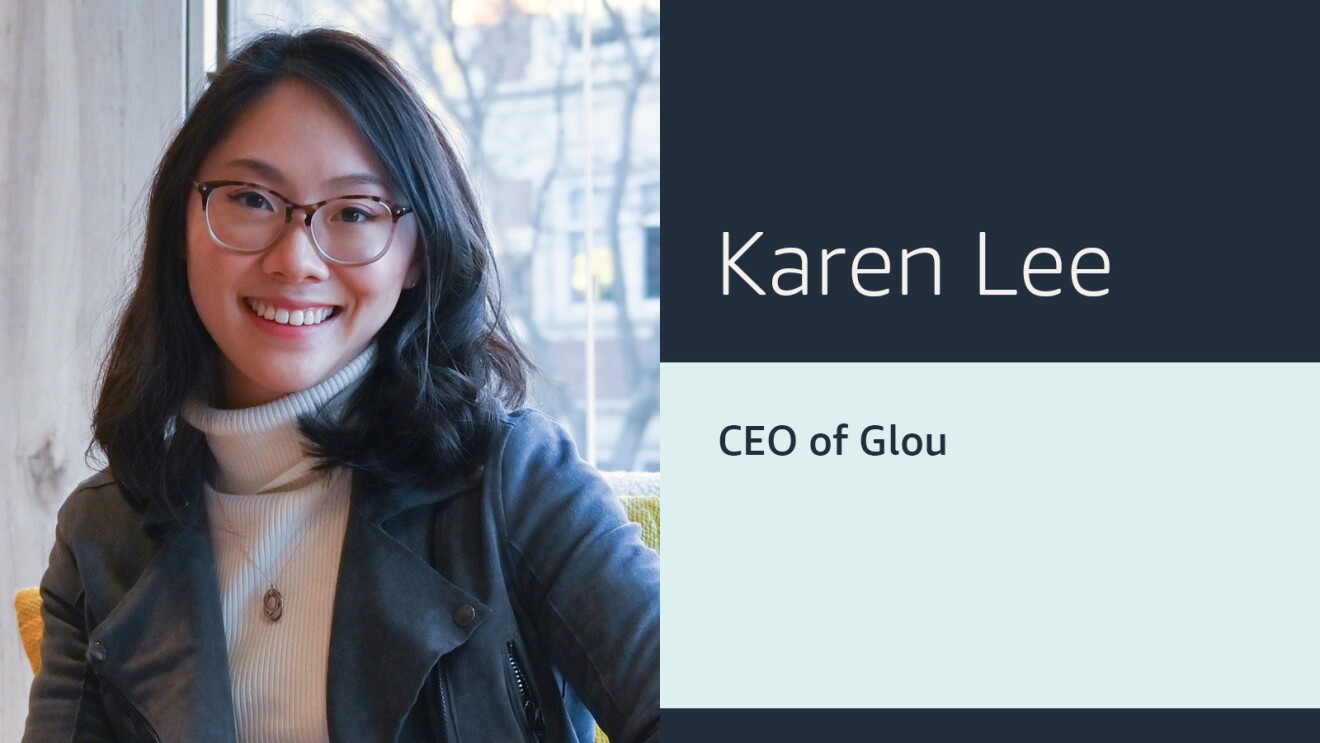 An info card that includes the headshot of a woman wearing a white shirt and grey jacket on the left, and text that reads "Karen Lee CEO of Glou" on the right with two shades of blue in the background. 