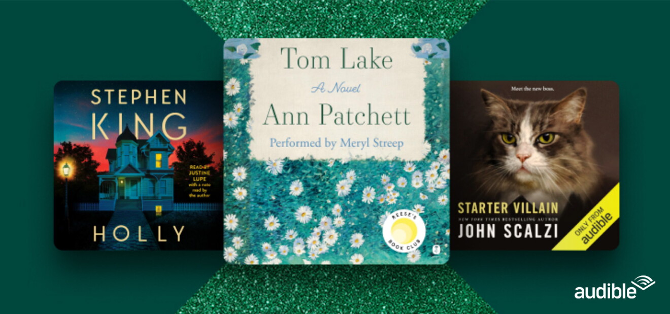 An image of three Audible books on a festive glittery green background. The books are Stephen King's Holly, Ann Patchett's Tom Lake, and John Scalzi's Starter Villain.