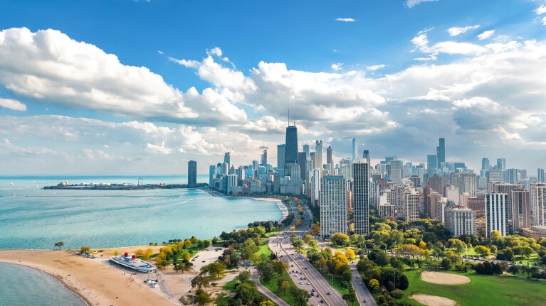 Chicago skyline aerial drone view from above lake Michigan.