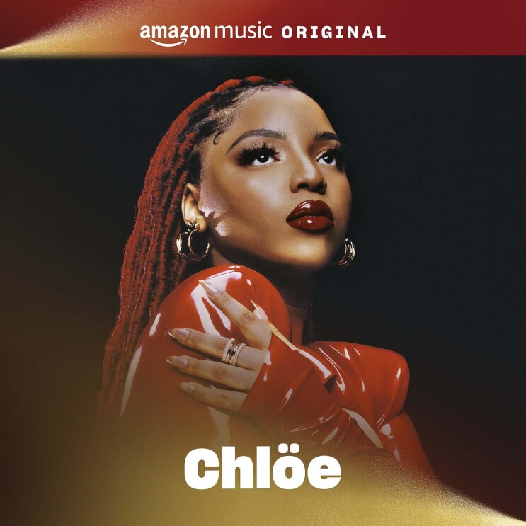 The album cover for Chloe's song. Chloe is featured in a portrait image in a shiny, red top while looking up and off into the distance behind the camera.