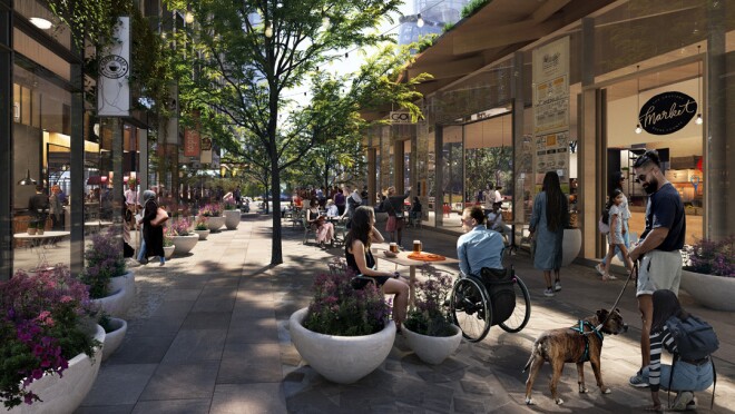 亚马逊位于阿灵顿的新总部效果图。效果图显示人们在总部的零售空间用餐和购物。