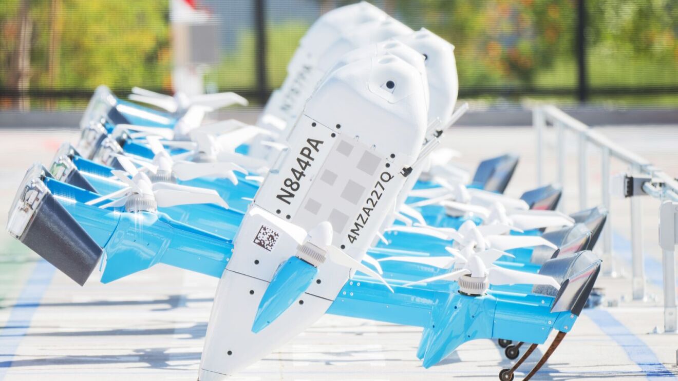 A shot of multiple Prime Air MK30 drones outside the Tolleson, Arizona, fulfillment center.
