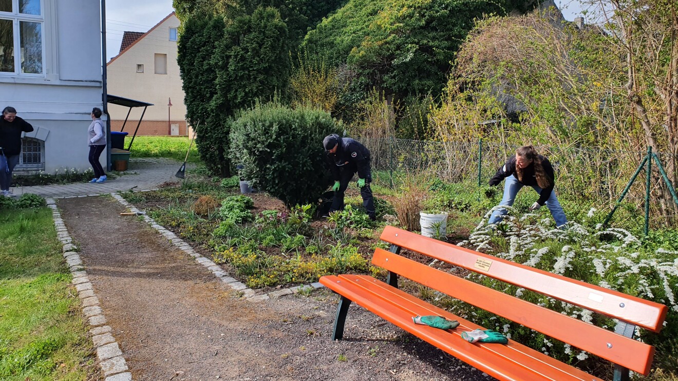 Mitarbeiter:innen des Logistkzentrums Sülzetal helfen ihren Stadtteil Langenwedding sauber zu machen und die Grünanlagen zu pflegen.