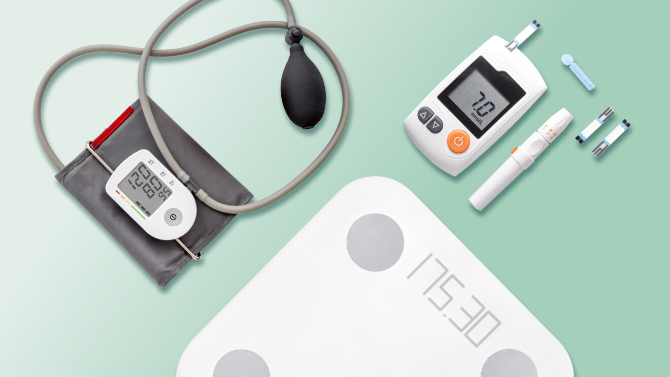 An image of various healthcare items on a pastel green background.
