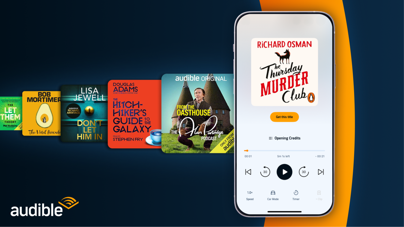 A carousel of Audible audiobook covers next to a phone showing the Audible app interface