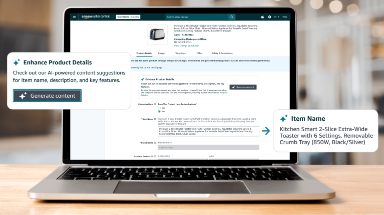 Amazon Seller Central interface showcasing AI-powered product detail enhancement