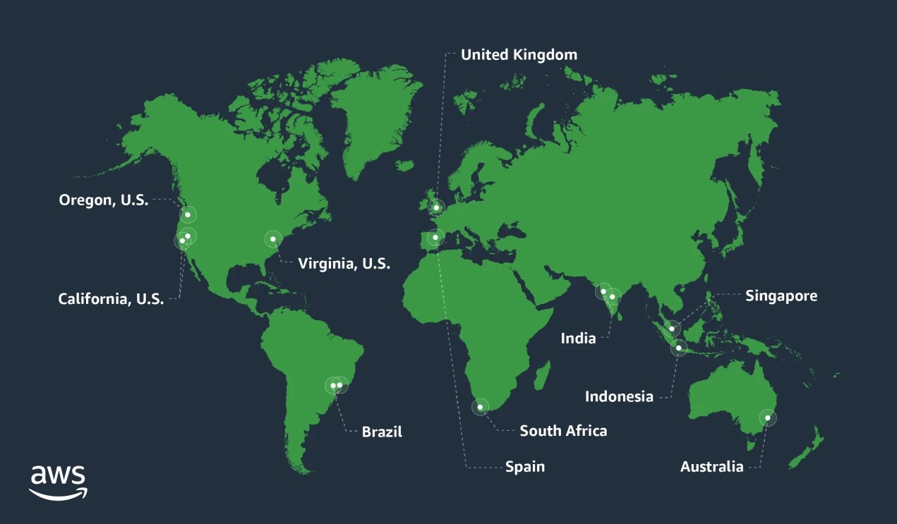 Mapa del mundo con los países en los que AWS tiene proyectos de reabastecimiento de agua.