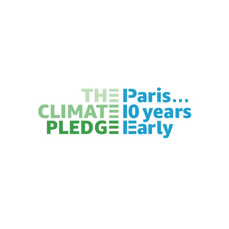 Text on a white background that says "The Climate Pledge, Paris... 10 years early" - a logo to support Amazon's Climate Pledge