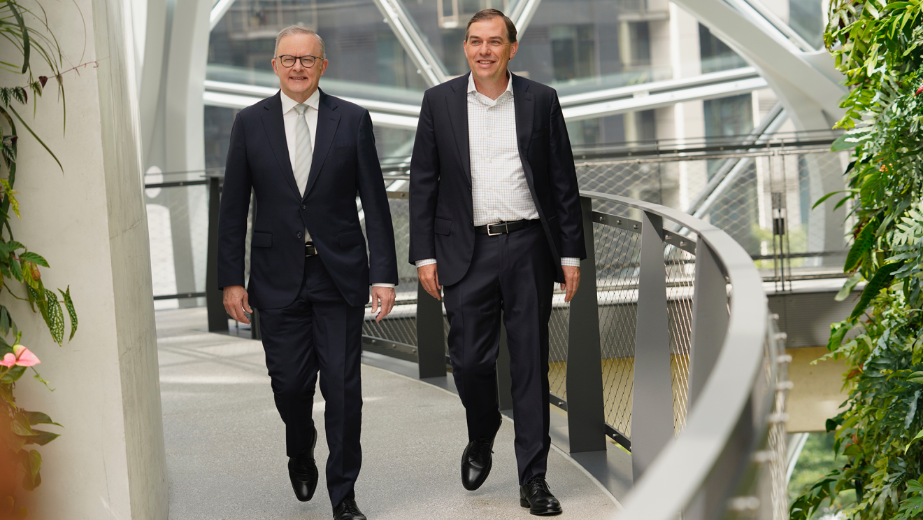 Australian Prime Minister Anthony Albanese and Amazon Web Services CEO Matt Garman walk together after meeting in the Amazon Spheres in Seattle, Saturday, June 14, 2025.