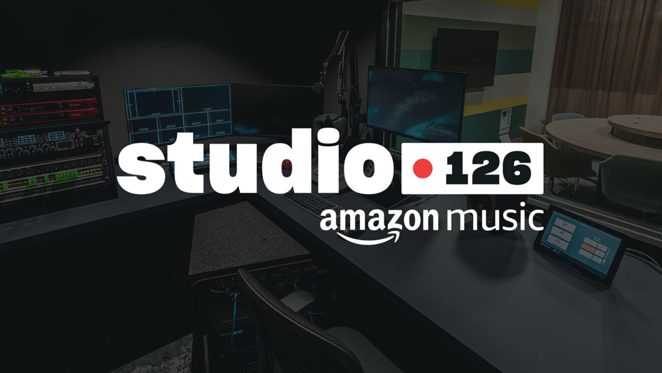 A dark image with bright white text overlay that reads "Studio 126 Amazon Music"