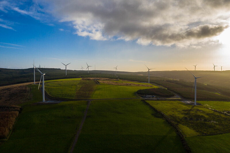 A wind energy farm in fields in Europe. 