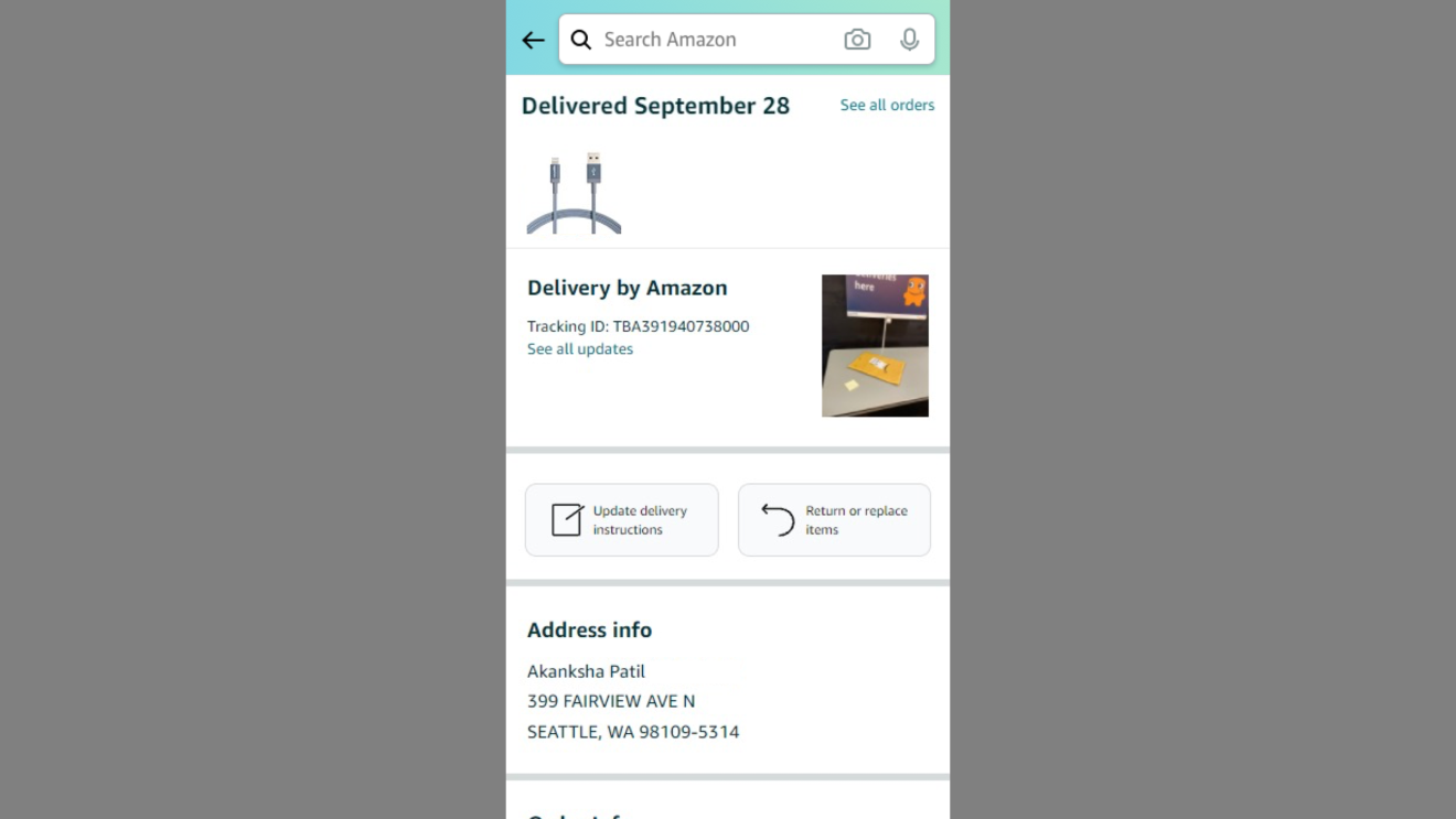 A screenshot showing the Amazon order tracking process.