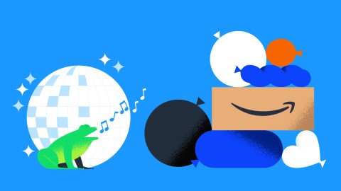 Assortment of items depicting a party mood, including a disco ball, singing frog, balloons and Amazon box.