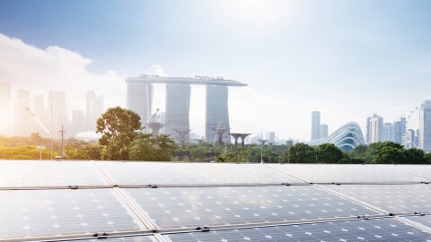 Skyline of Singapore, against Marina Bay Sands