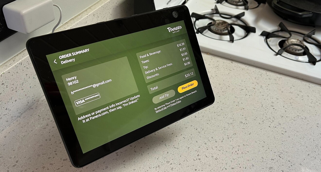 An image of an Echo Show device Showing the Panera ordering skill with Alexa. 