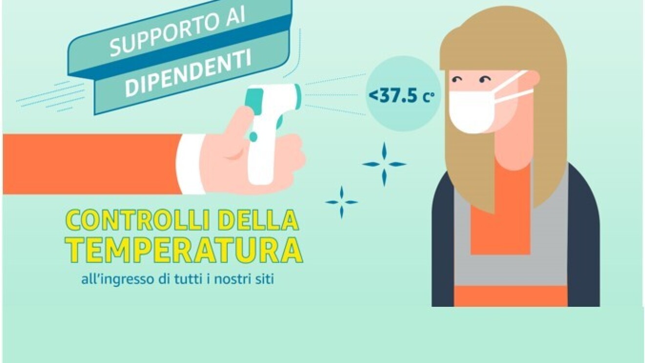 Sulla destra illustrazione di una donna con la mascherina sul volto che si lascia misurare la temperatura con un termometro a distanza. Il termometro segnala che la temperatura è inferiore a 37.5°. Sulla sinistra una scritta recita 'Controlli della temperatura all'ingresso di tutti i nostri siti'