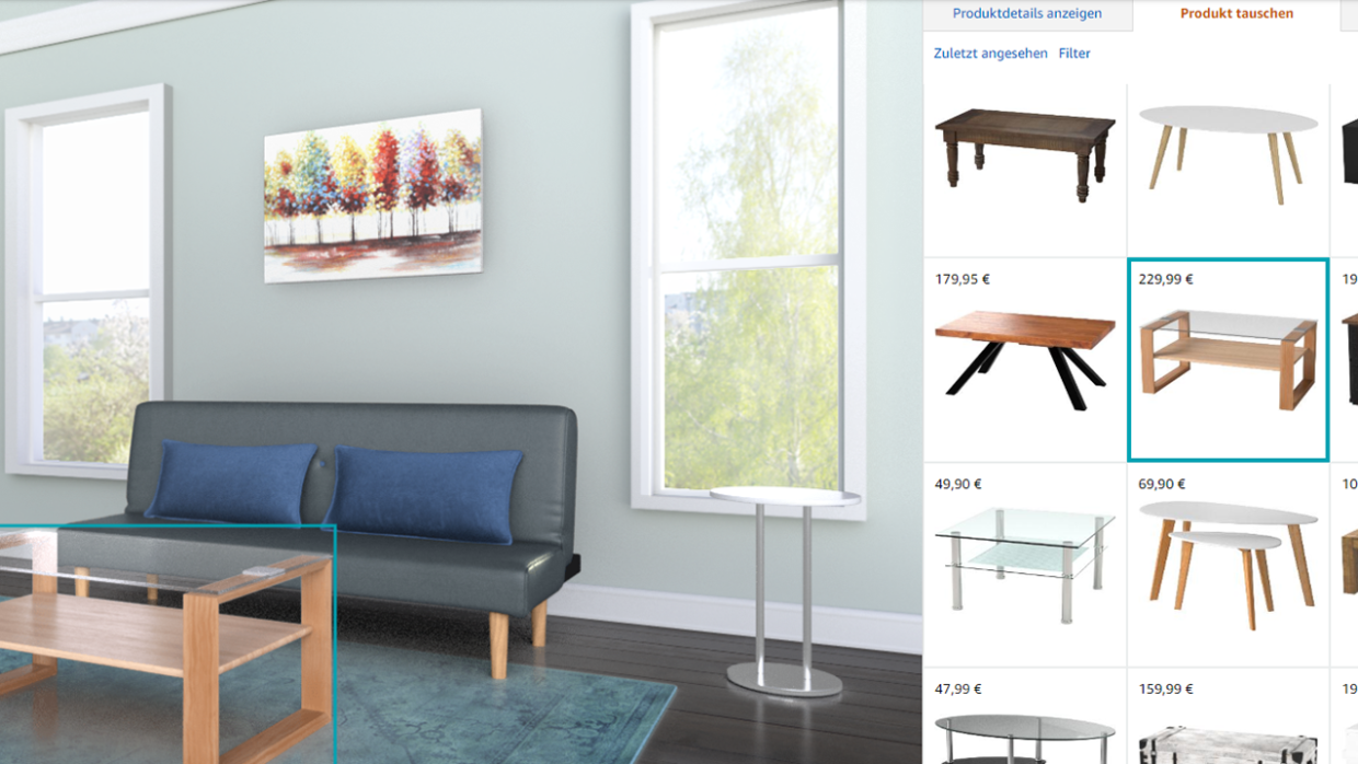 Screenshot der Website des Amazon Showrooms_Beispielhaft bei der Einrichtung eines Wohnzimmers