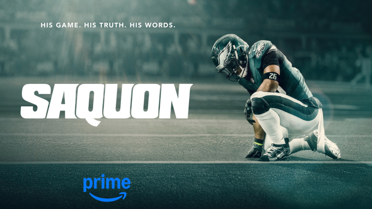 Promotion for Saquon, showing NFL player taking the knee mid-game