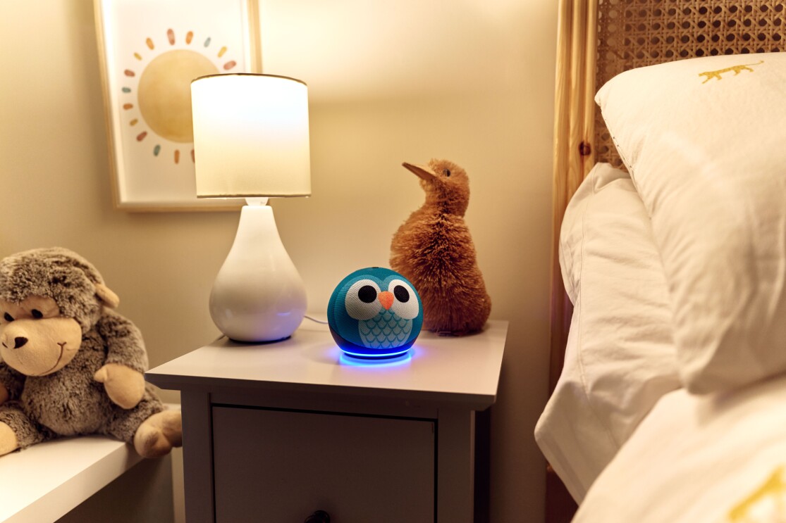 An Echo Dot Kids device on a bedside table
