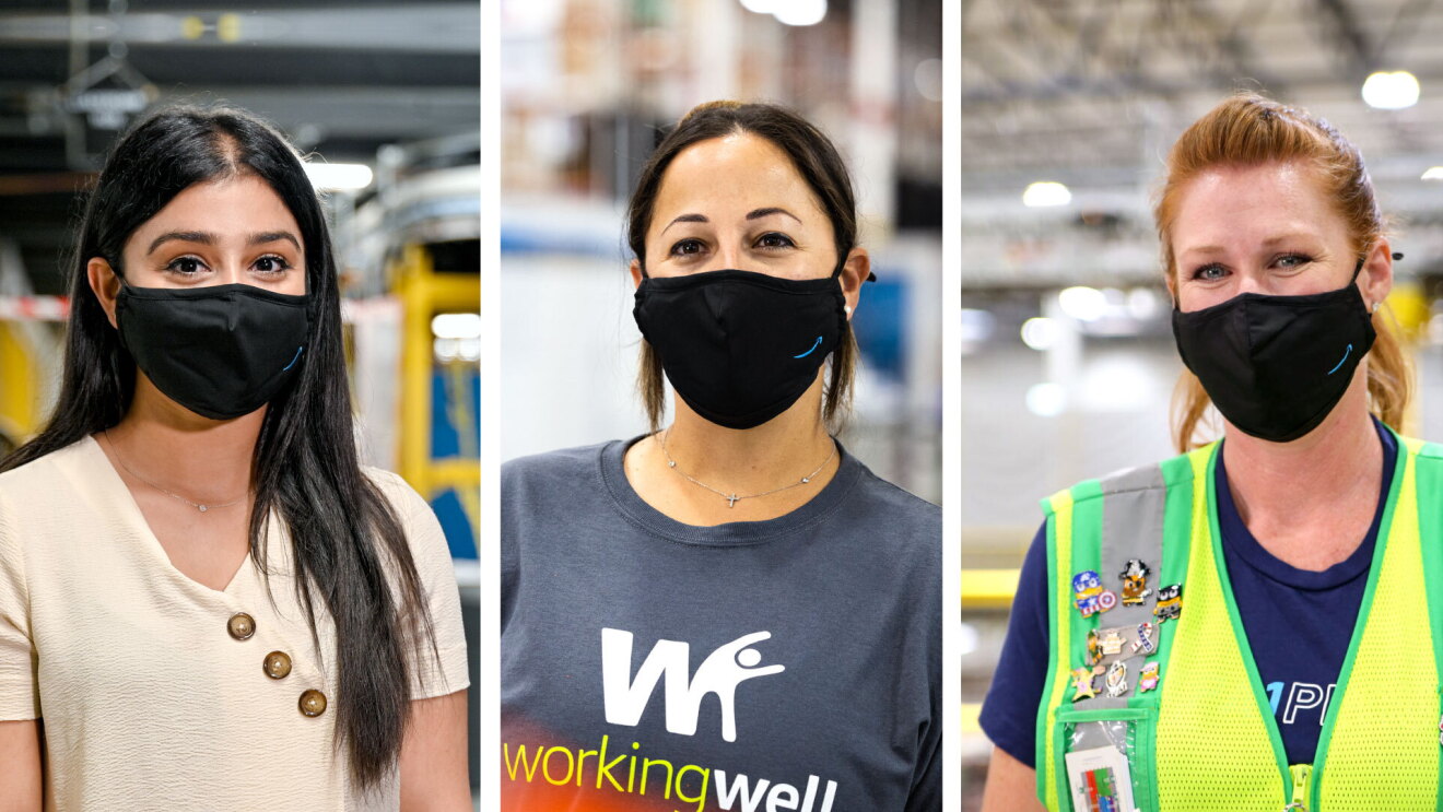A collage of three, female Amazon employees smiling for individual portraits inside the fulfillment centers where they work. All three women are wearing black face masks with the Amazon logo on them. 