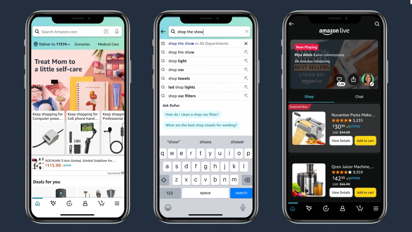 An image showing three phone screens of the process of opening the "shop the show" feature.