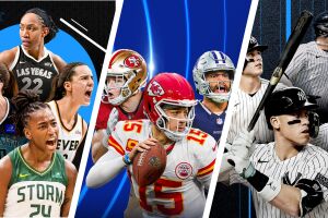 Graphic image of different sports figures across three panels: women's basketball on the right, American football in the middle and baseball on the left.