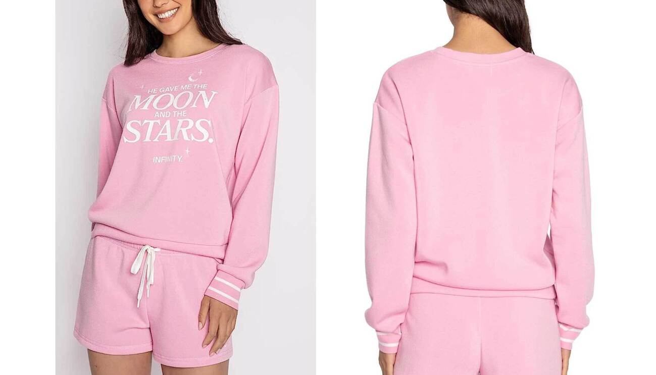 Image of pink loungewear set with the words "He gave me the moon and the stars. Infinity" on it.
