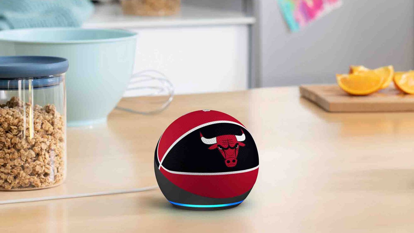 キッチンカウンターの上に置かれた球状のデバイス。バスケットボールを模したデザインで、ブルズのロゴ入り。カウンターにはまな板やキャニスター、ボウルなどもある。