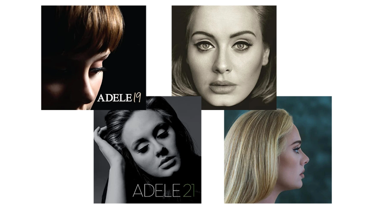 A collage of Adele's albums 19,21,25,30