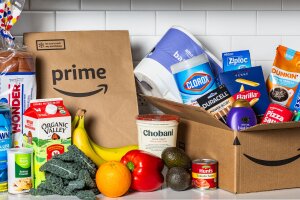 Amazon Prime delivery featuring food, cleaning supplies, and essentials