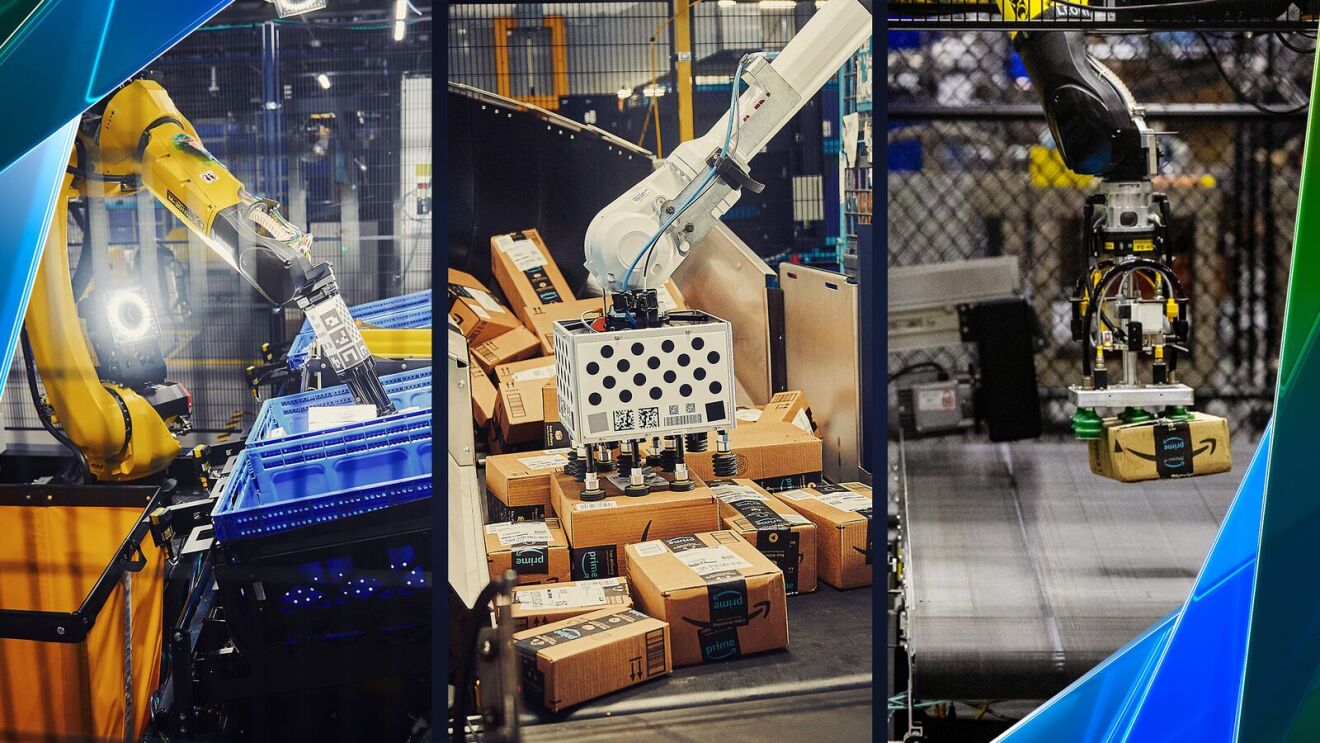 A three-panel image with three of Amazon's robotic arms—Sparrow, Cardinal and Robin.