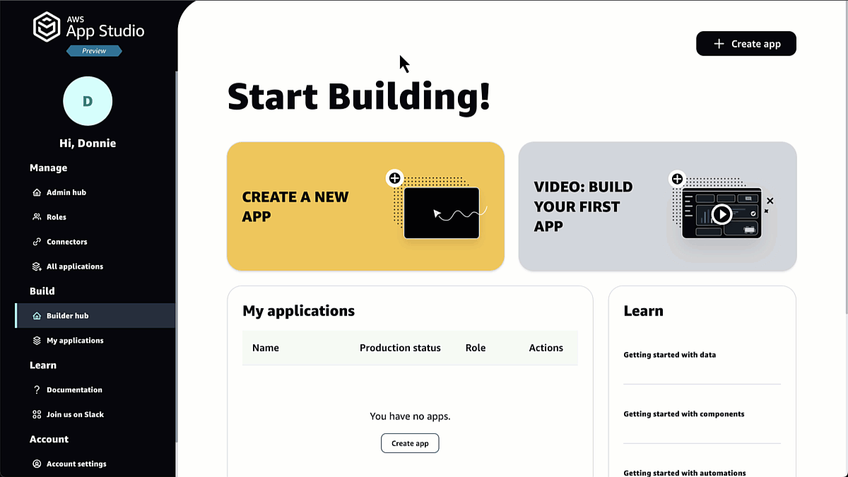 Pantallazo del la aplicación AWS Application Studio.