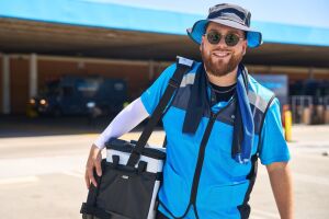 An image of an Amazon delivery driver wearing a bucket hat and carrying a cooler.