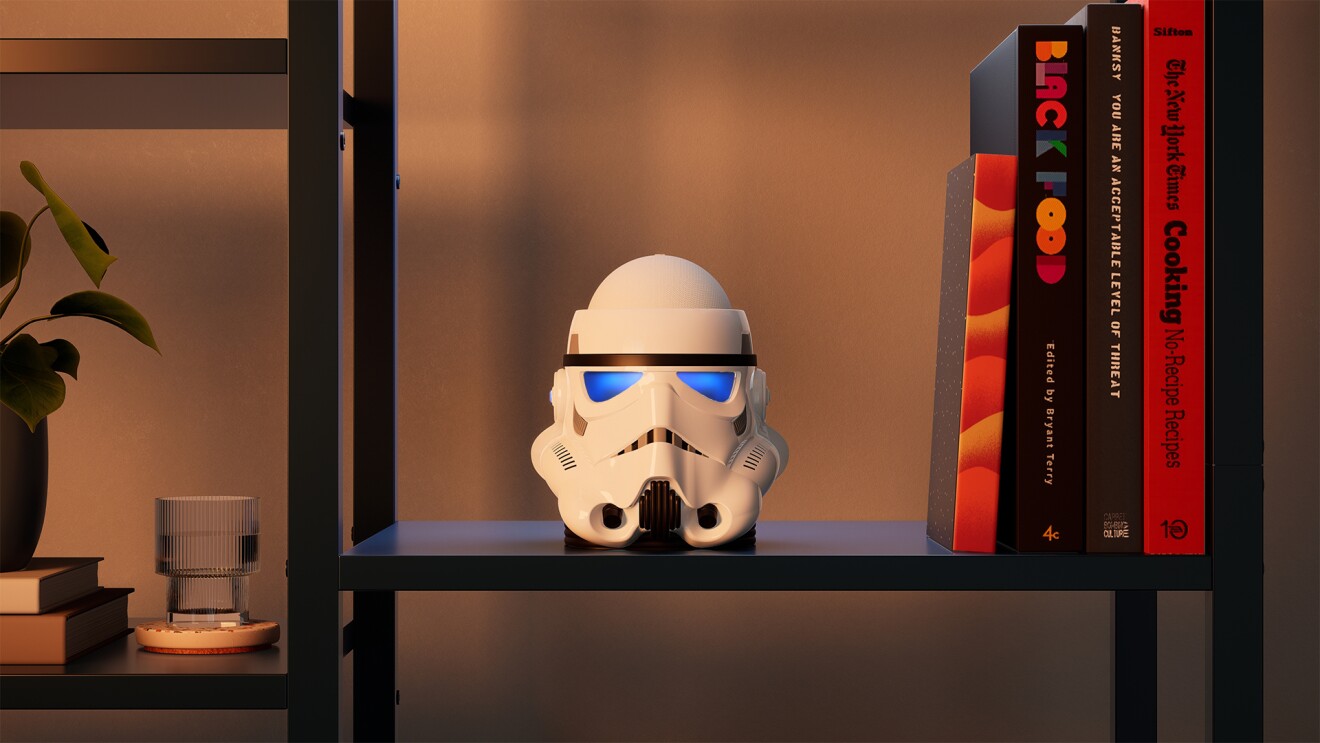 A "Star Wars" themed stand with an Echo Dot.