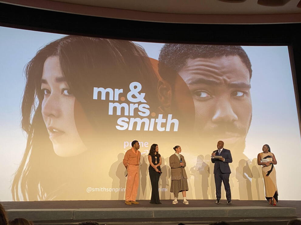 Two men and two women on stage at the Mr. & Mrs. Smith screening