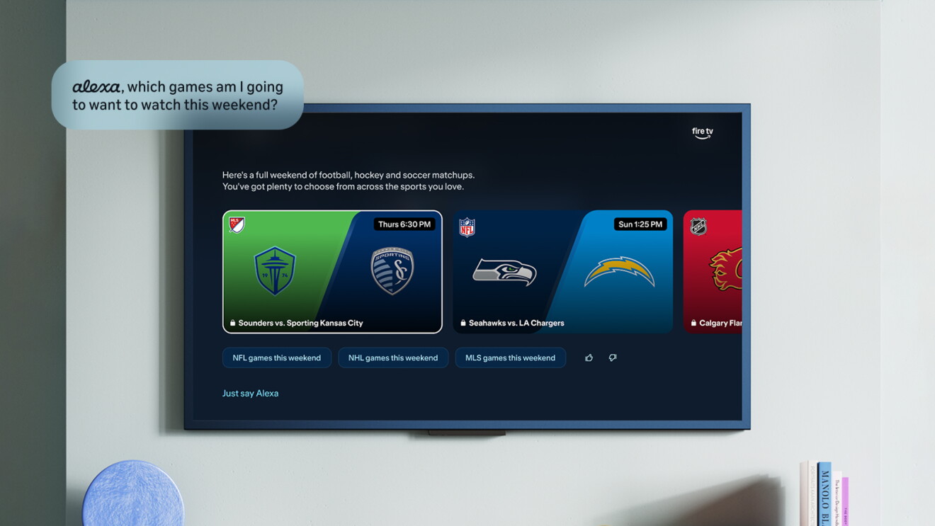 Fire TV displaying sport games, with a blurb stating: 'alexa which games am i going to want to watch this weekend?'