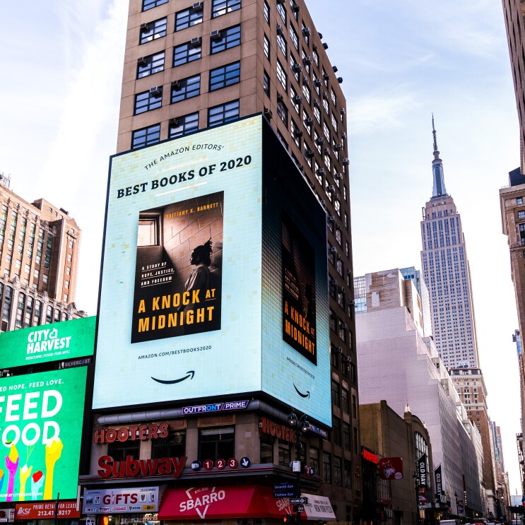 New York Square takeover of book title included Amazon's Best Books of the Year 2020 list.
