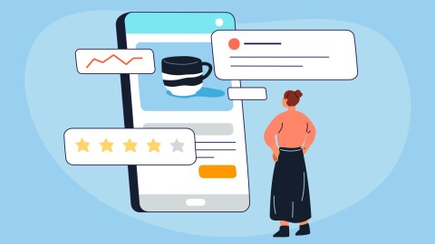 智能手机与流行的图形细节的各种特性亚马逊产品页面。一个图形的女人盯着电话。