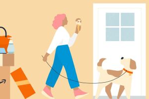 A graphic of a Amazon deliveries next to a woman walking her dog and eating an ice cream cone.