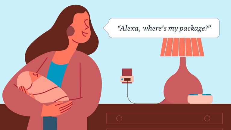 An illustration of a woman holding a baby, asking Alexa where her package is.