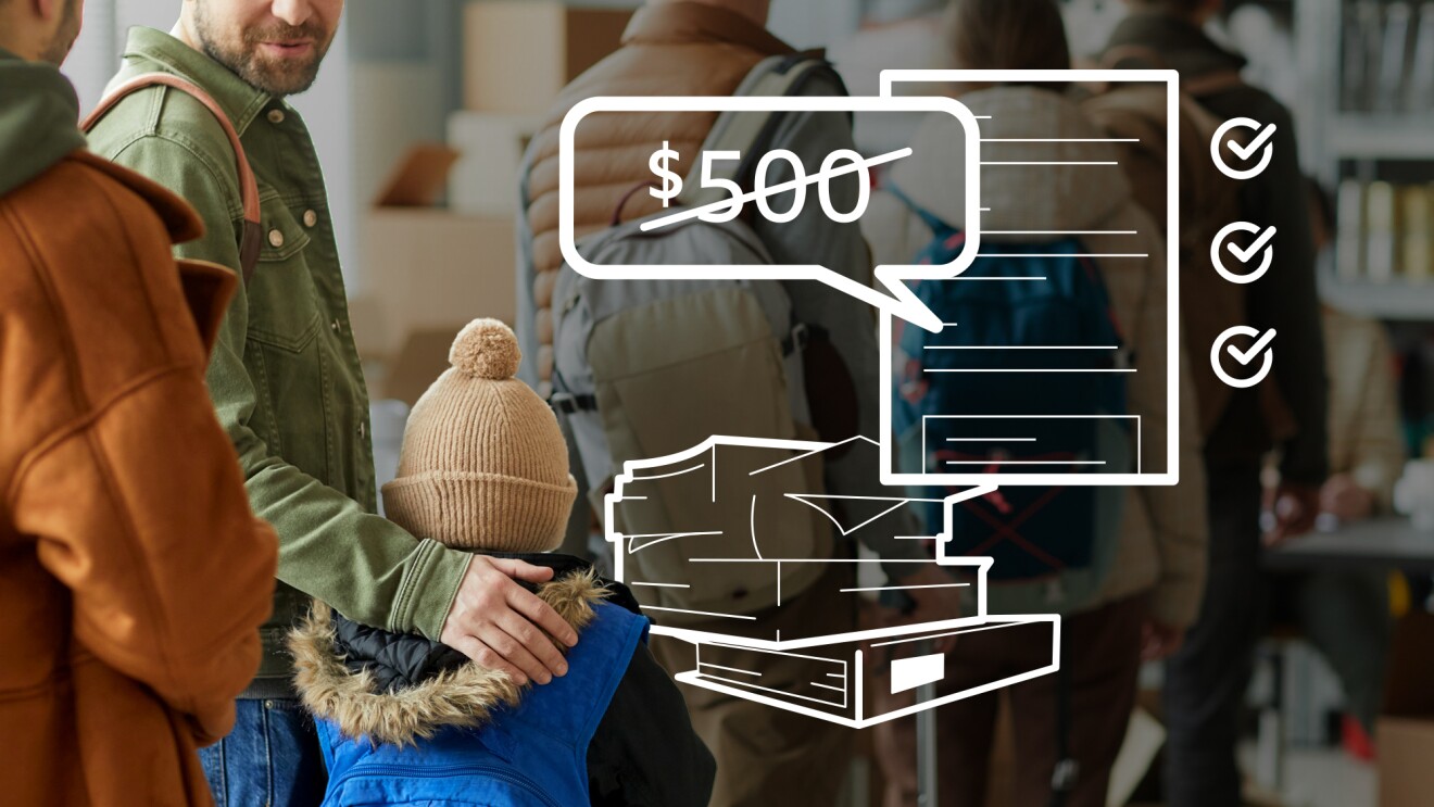 A father and child stand in line for services with an illustration of Amazon's support of refugees, including reimbursing the EAD renewal fee.