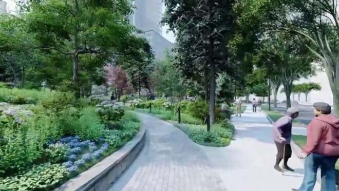 位于弗吉尼亚州阿灵顿的亚马逊第二总部大都会公园的效果图。