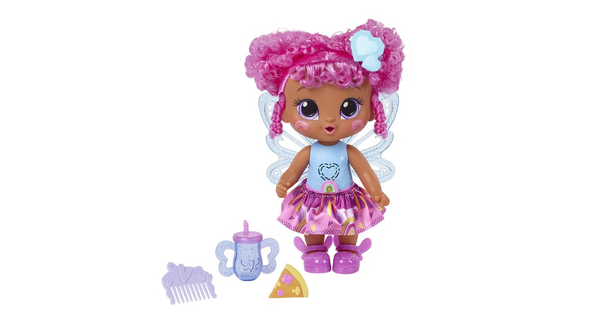 An image of a baby doll with bright pink hair and a blue shirt and pink tutu. She has a bottle and a comb with her as accessories.