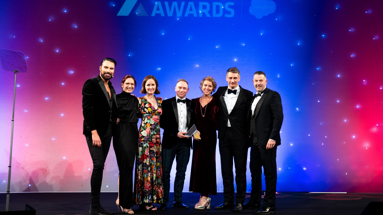Amazon employees with host Rylan Clark collecting their awards at the Retail Week Awards 2024
