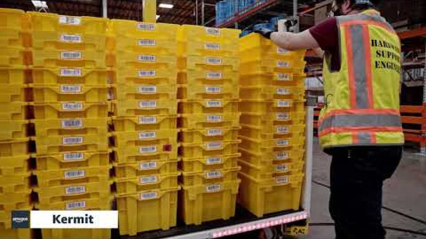 "Kermit" moves empty totes at an Amazon fulfillment center