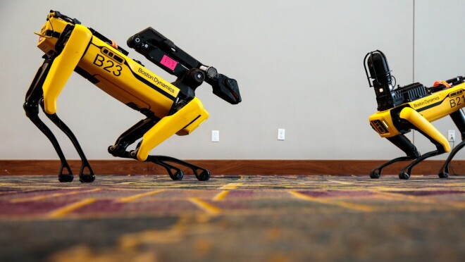 在内华达州拉斯维加斯举行的re:MARS会议上,两只波士顿动力公司的机器狗相互交流。