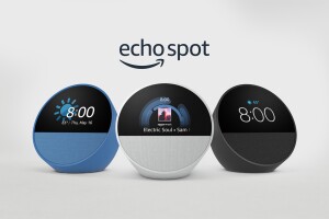 Amazon Echo Spot smart speakers in blue, white, and black colors