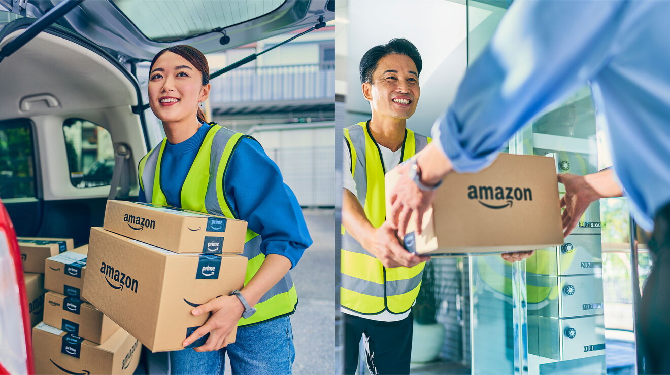 2枚の画像を1枚にした。左の画像には安全ベストを着ている女性が2つのアマゾンの箱を運んでいるようだ。彼女の車のトランクには何個の箱が積まれている。右の画像には安全ベストを着ている男性がアマゾンの箱を受け取っている。
